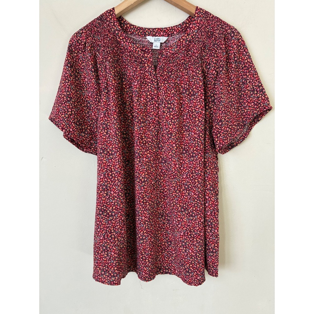 Croft & Barrow Boho Womens Red Floral Smocked Split Neck Rayon Blouse Size L